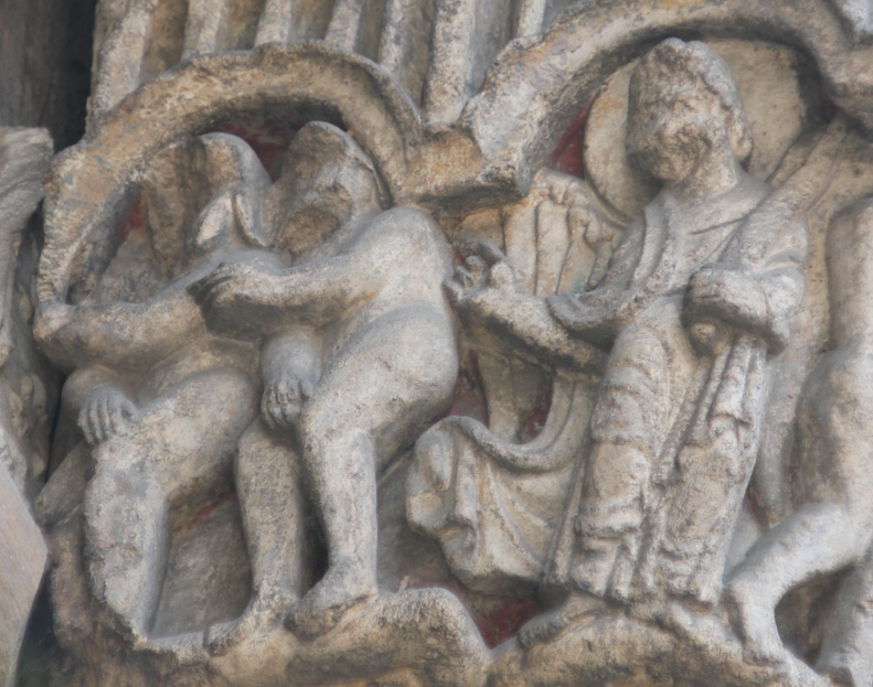 Adam et Eve chassés du Paradis (frise des chapiteaux du portail sud de Notre-Dame d'Etampes (calcaire, XIIe siècle)