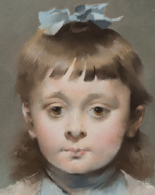 Louise Abbéma: Portrait d'une fillette au ruban bleu (pastel sur toile, vers 1895)
