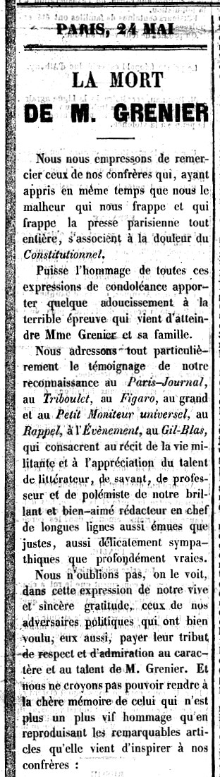 Echos dans la presse de ce décès (Constitionnel du 25 mai 1881, p.1)