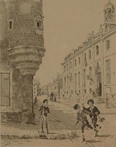 Narcisse Berchère: Rue Magne et le Collège (lavis, 1888)