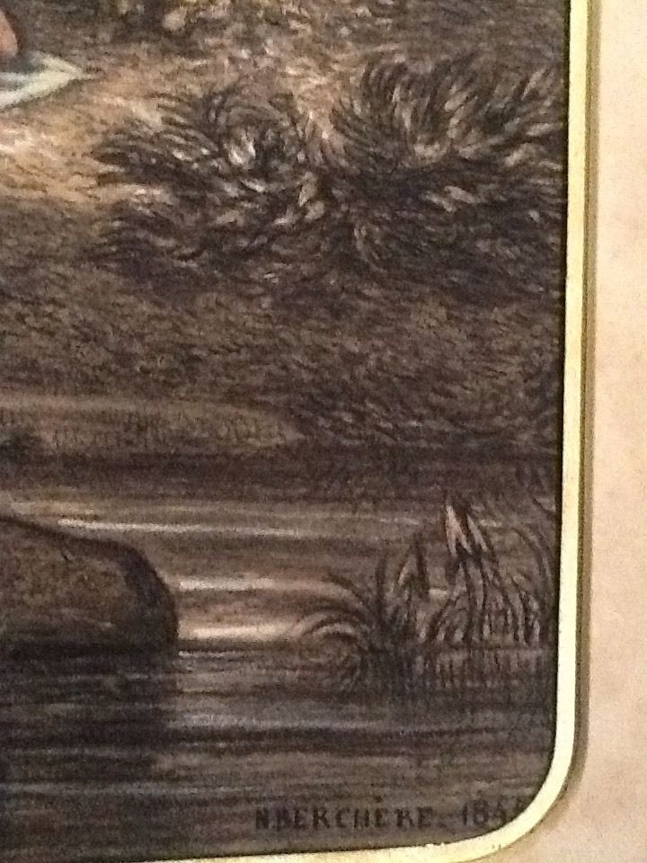 Narcisse Berchère: Source surprise par un satyre (dessin à la pierre noire, 1845)