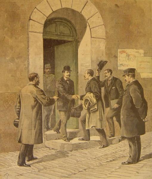Henri Meyer: M. Turpin sortant de la prison d'Etampes (gravure, 1893)