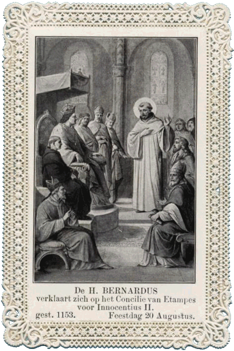 Saint Bernard au concile d'Etampes de 1130 (image pieuse flamande de la fin du XIXe siècle)