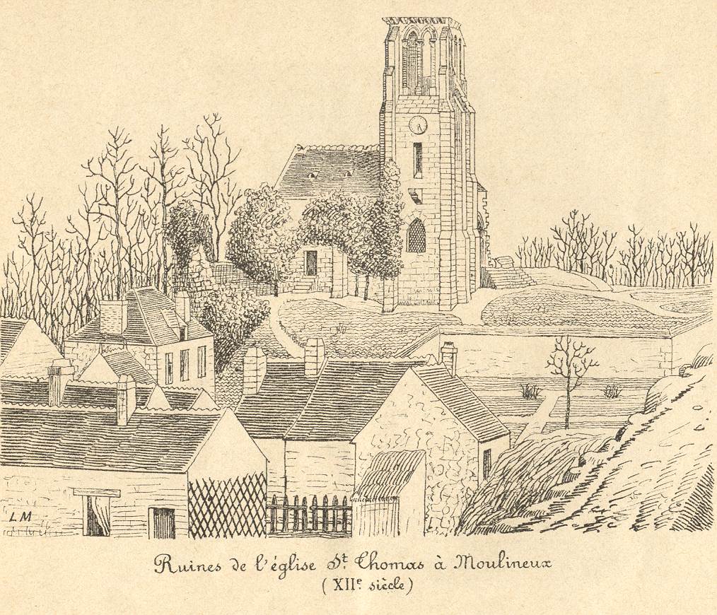 Léon Marquis: Ruines de l'église St-Thomas à Moulineux (croquis, 1873)