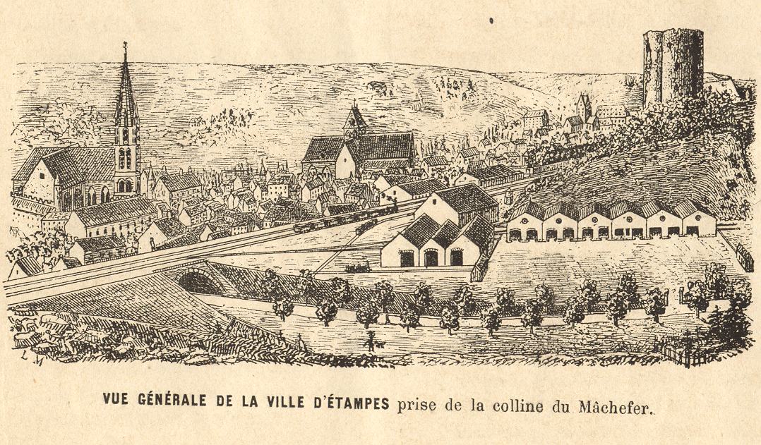 Léon Marquis: Vue générale d'Etampes, prise de la colline du Mâchefer (croquis, 1873)