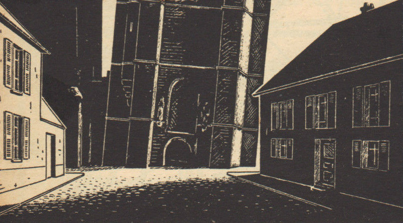 Jean Bernard: Le quartier Saint-Martin d'Etampes (détail d'une gravure sur bois, vers 1938)