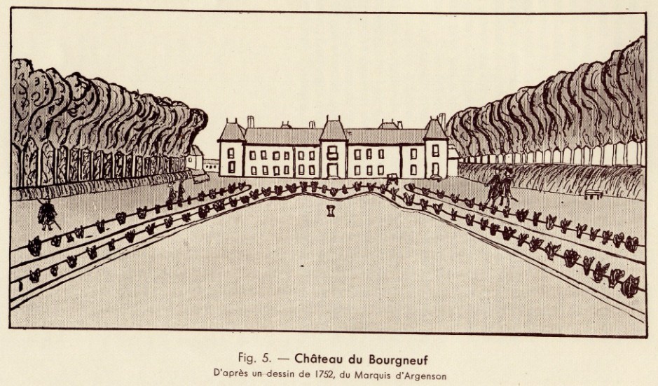 Château du Bourgneuf, dessin de Jules Lepoint-Duclos en 1938 d'après un dessin originel de 1752, du Marquis d'Argenson