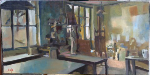Sylvie Manjoo: L’atelier (huile sur toile, 50 x 100 cm, 2009)