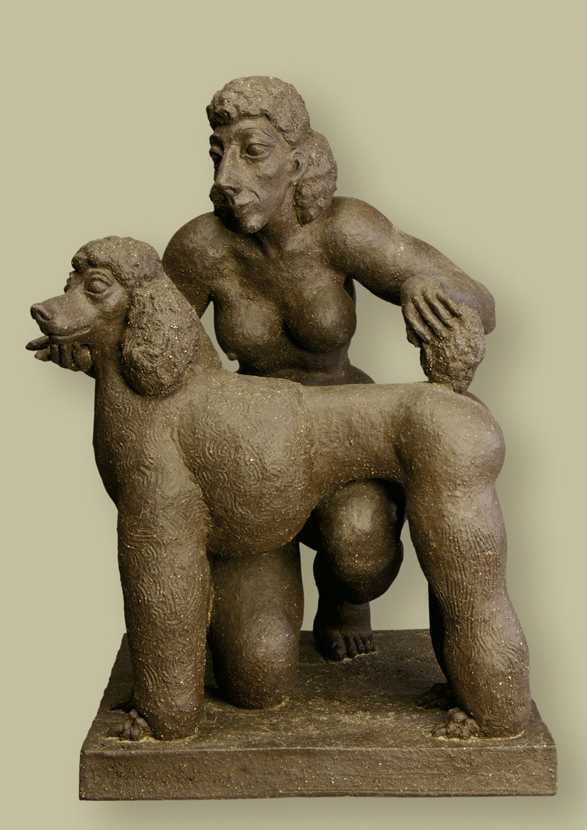 Yeva: Femme au caniche (terre cuite, 52 X 38 X 38 cm)