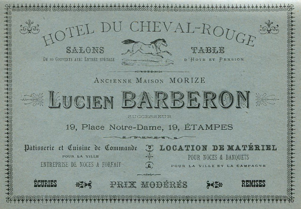 Réclame pour le Cheval Rouge tenue en 1899 par Lucien Barberon