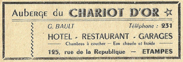 Réclame pour l'auberge de Georges Bault, le Chariot d'Or, en 1958