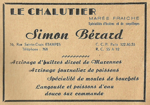 Réclame pour la poissonnerie de Simon Bérard, Le Chalutier, en 1958