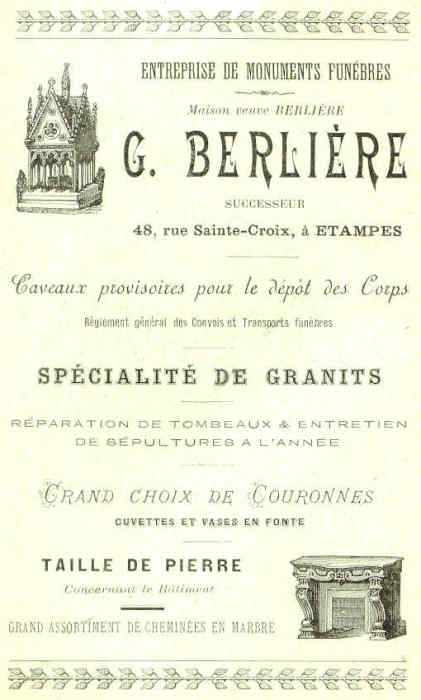Réclame pour Georges Berlière, marbrier à Etampes en 1898
