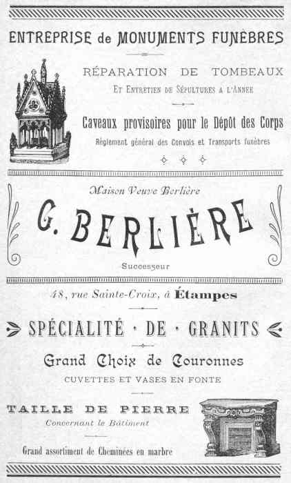 Réclame pour Georges Berlière, marbrier à Etampes en 1901