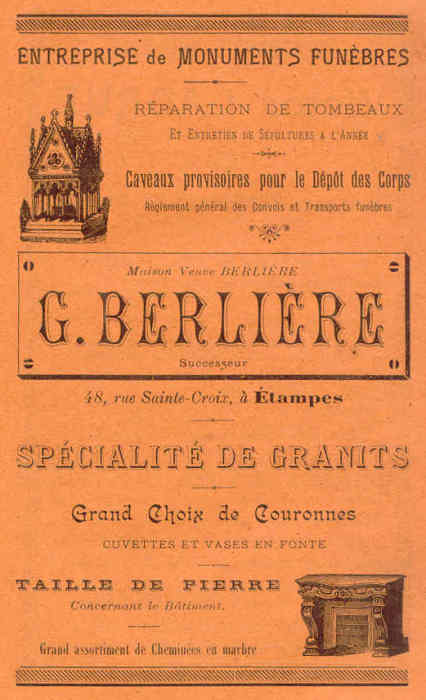 Réclame pour Georges Berlière, marbrier à Etampes en 1902