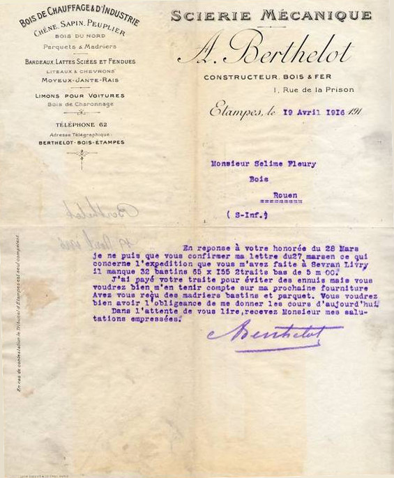 Lettre à entête de la scierie Berthelot du 19 avril 1916 (delcampe 2013)