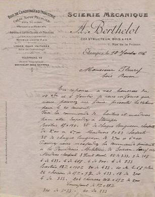 Lettre à entête de la scierie Berthelot du 15 janvier 1916 (eBay 2005)