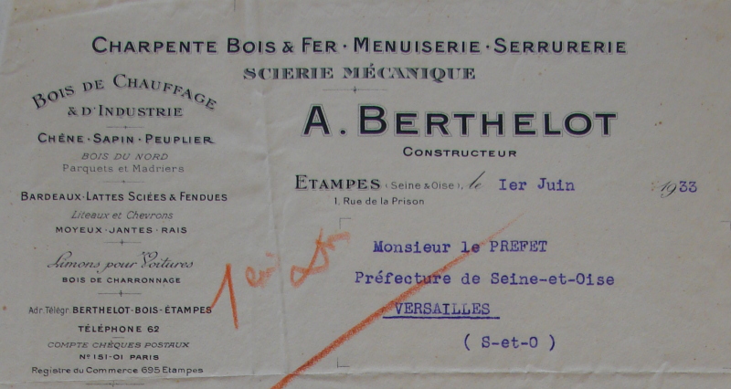 Lettre à entête de la scierie Berthelot du 1er juin1933 (AD91 7S 43)