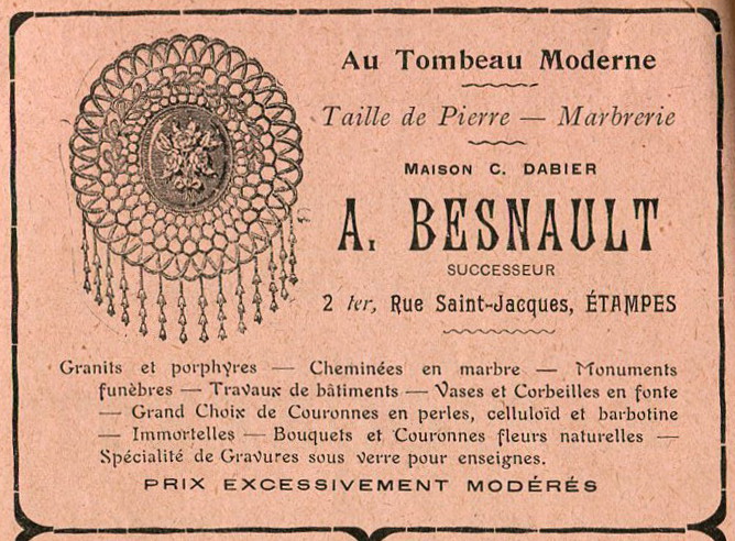 Réclame pour A. Besnault, marbrier à Etampes, 1913