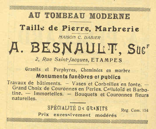 Réclame pour A. Besnault, marbrier à Etampes, 1925