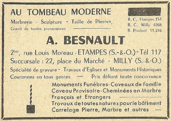 Réclame pour A. Besnault, marbrier à Etampes, 1958