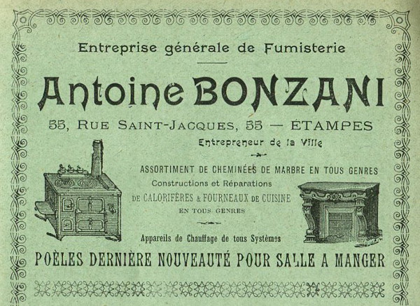 Réclame pour Ernest Bonzani à Etampes en 1909