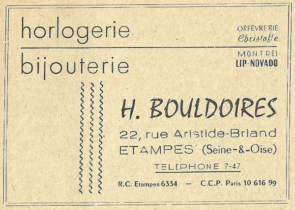 Réclame pour l'horlogerie-bijouterie d'Henri Bouldoires à Etampes en 1958