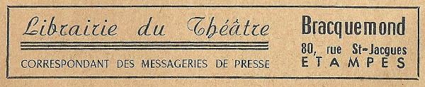 Réclame pour la librairie du Théâtre à Etampes tenue par Bracquemond en 1958