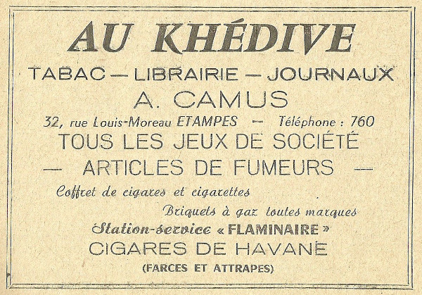 Réclame pour le Khédive, bureau de tabac d'André Camus à Etampes en 1958