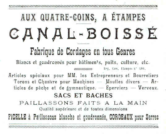 Réclame pour Canal-Boissé, cordier à Etampes, 1925