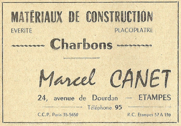 Réclame pour le magasin de Marcel Canet à Etampes en 1958