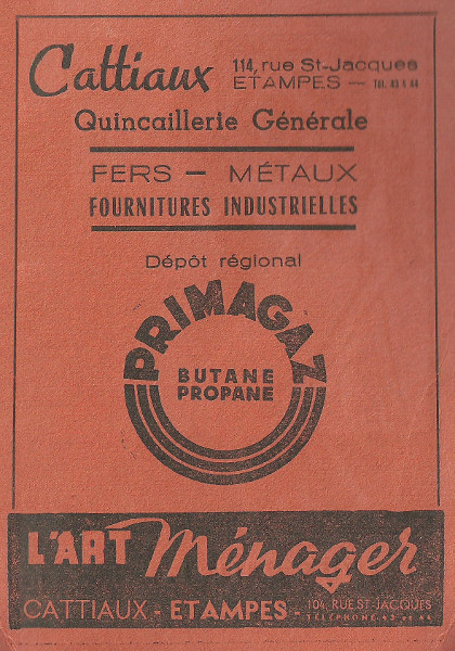 Réclame pour la quincaillerie d'André Cattiaux à Etampes en 1958