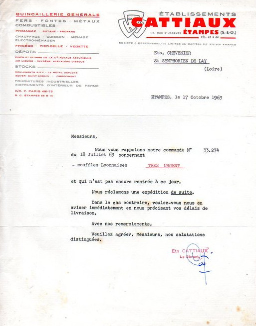 Facture de la quincaillerie d'André Cattiaux en date de 1963