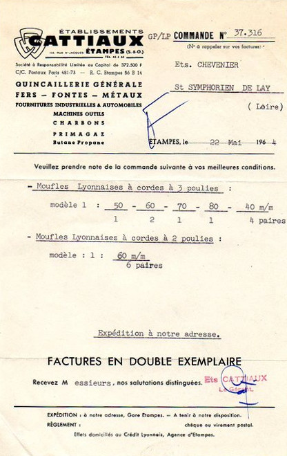 Facture de la quincaillerie d'André Cattiaux en date de 1964