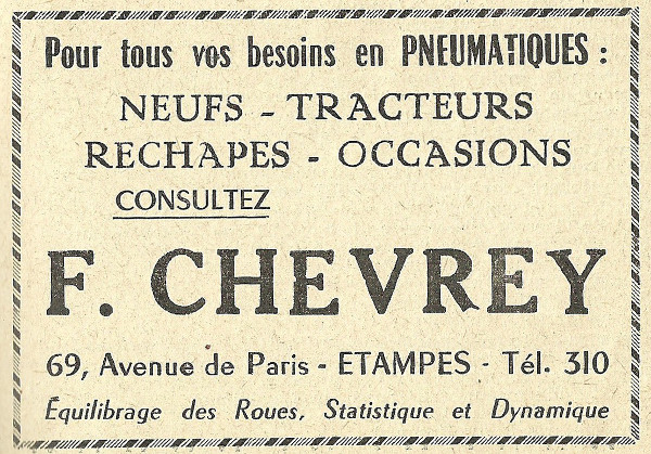 Réclame pour le commerce de pneumatiques de F. Chevrey à Etampes en 1958