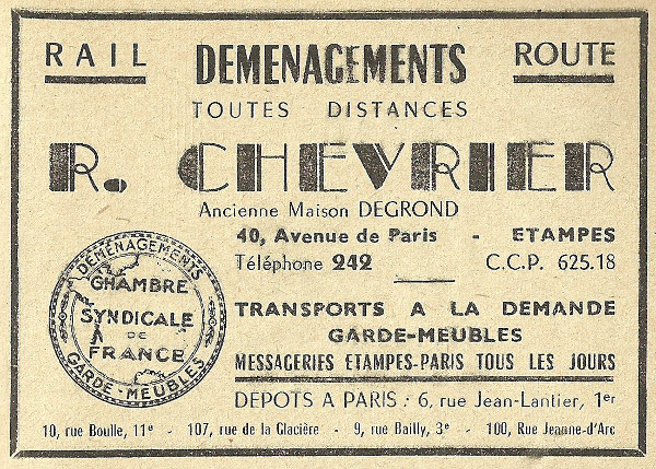 Réclame pour l'entreprise de déménagement de Raymond Chevrier à Etampes en 1958