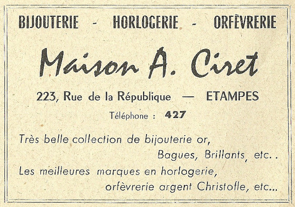 Réclame pour l'horlogerie-bijouterie d'A. Ciret à Etampes en 1958