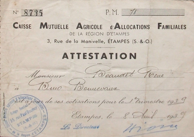Caisse Mutuelle Agricole d'Allocations Familiales de la Région d'Etampes (1939)