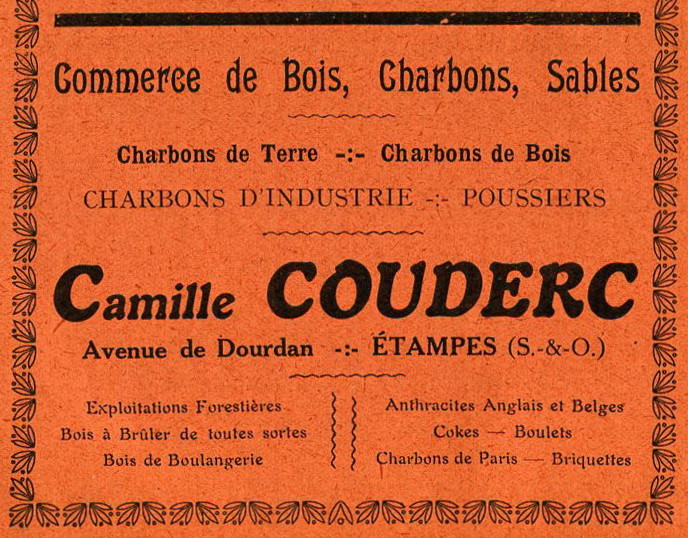 Réclame pour Camille Couderc, marchand de bois et de charbonà Etampes, 1913