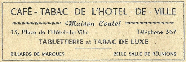 Réclame pour le café-tabac de l'Hôtel-de-Ville tenu à Etampes par Coutel en 1958