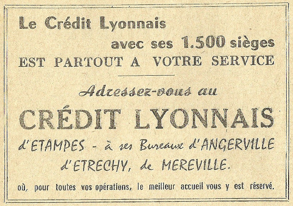 Réclame pour l'agence bancaire du Crédit Lyonnais à Etampes en1958