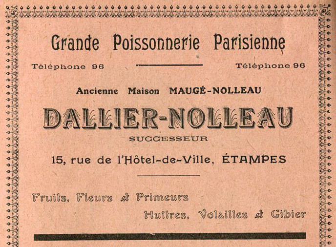 Réclame pour Dallier-Nolleau, poissonnier à Etampes, 1913