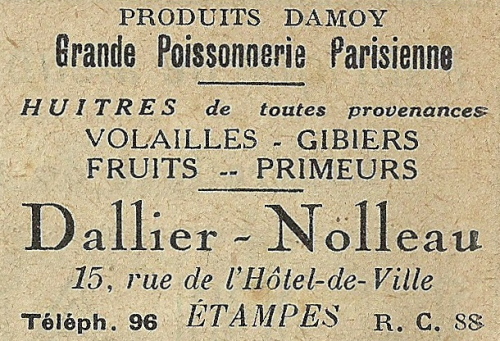 Réclame pour Dallier-Nolleau, poissonnier à Etampes, 1925