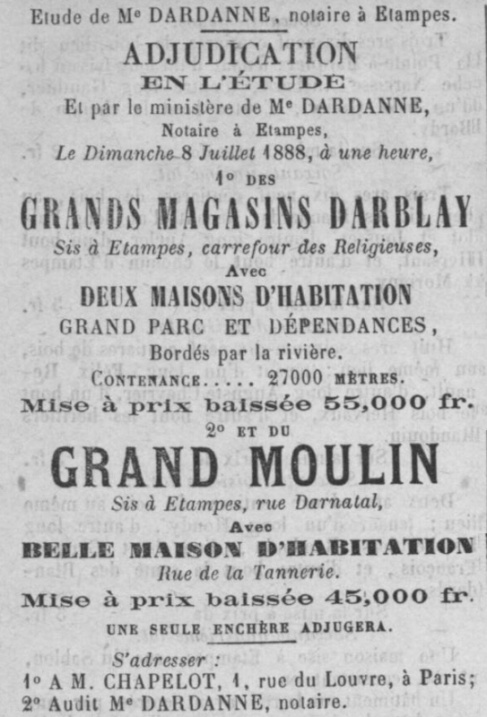 Adudication du moulin Darnatal en 1888 (Abeille d'Etampes)