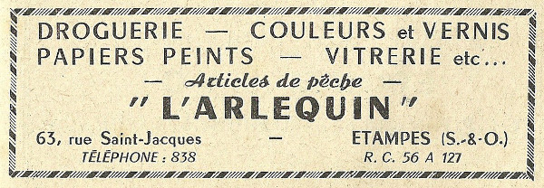 Réclame pour l'Arlequin, droguerie tenue par Daubignard à Etampes en 1958