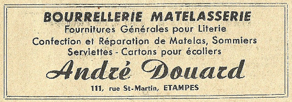 Réclame pour la bourrellerie d'André Douard à Etampes en 1958