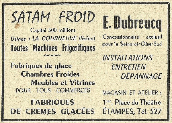 Réclame pour l'entreprise d'Edouard Dubreuc, frigoriste à Etampes en 1958