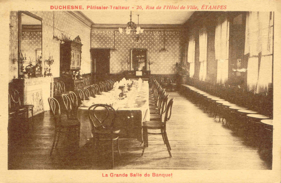 Carte postale publicitaire pour le pâtissier-triateur étampois Duchesne, éditée par Réclame pour Duchesne, patissier-traiteur à Etampes, vers 1907