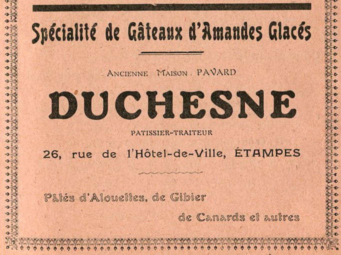 Réclame pour Duchesne, patissier-traiteur à Etampes, 1913