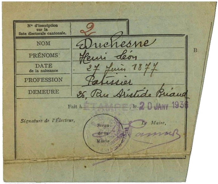 Carte d'électeur d'Henri-Léon Duchesne, patissier-traiteur à Etampes, 1936